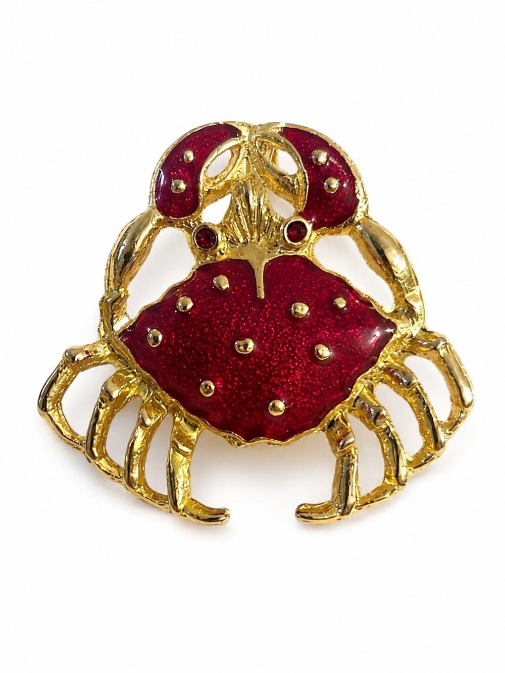 Vintage Gold Tone Red Enamel Crab Brooch Glitter Nautical Marine Unsigned